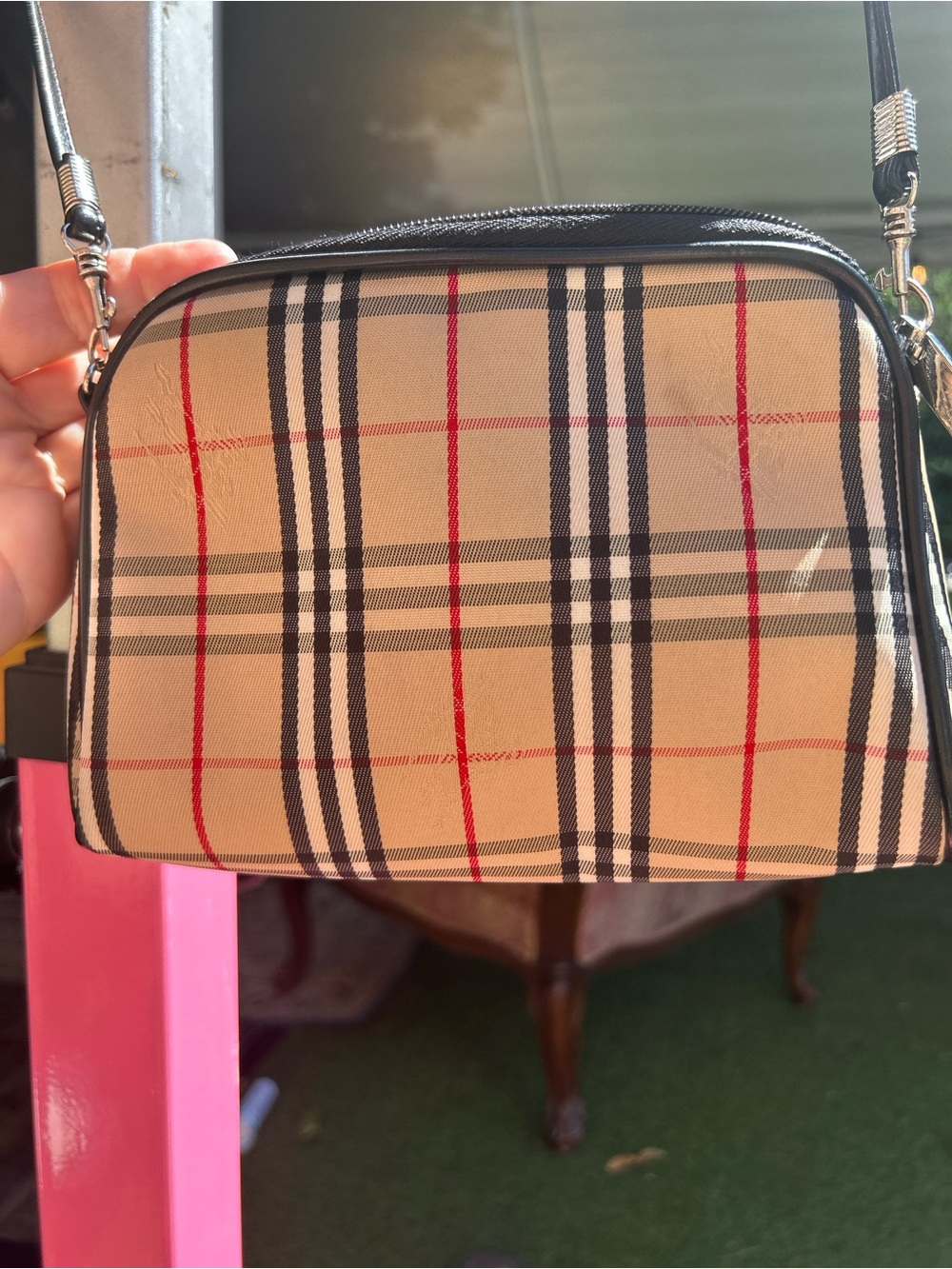 Burberry style Tan Plaid Crossbody with Black Trim and Red Stripe